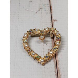 VTG Open Heart Love Brooch with imitation pearls and AB Aurora Borealis 1.4"